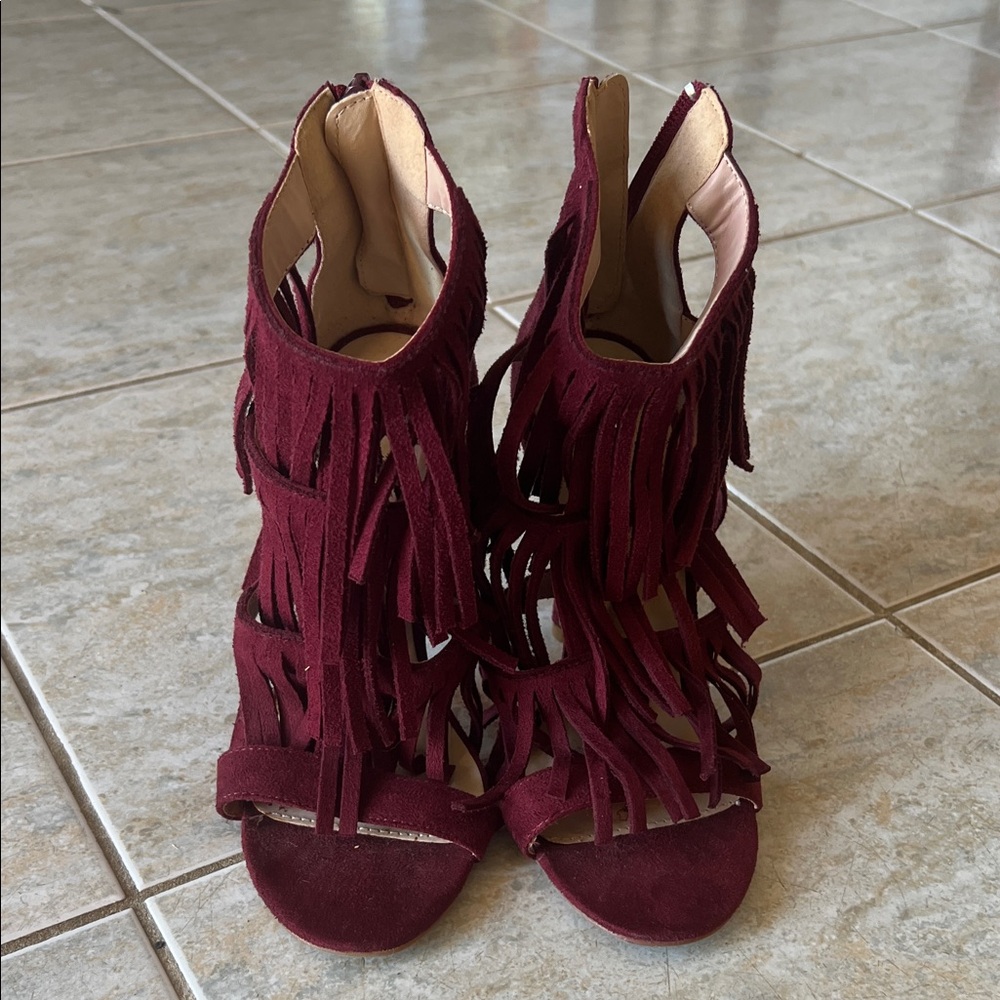 Fringe Burgundy Heeled Sandals - Picture 2 of 10